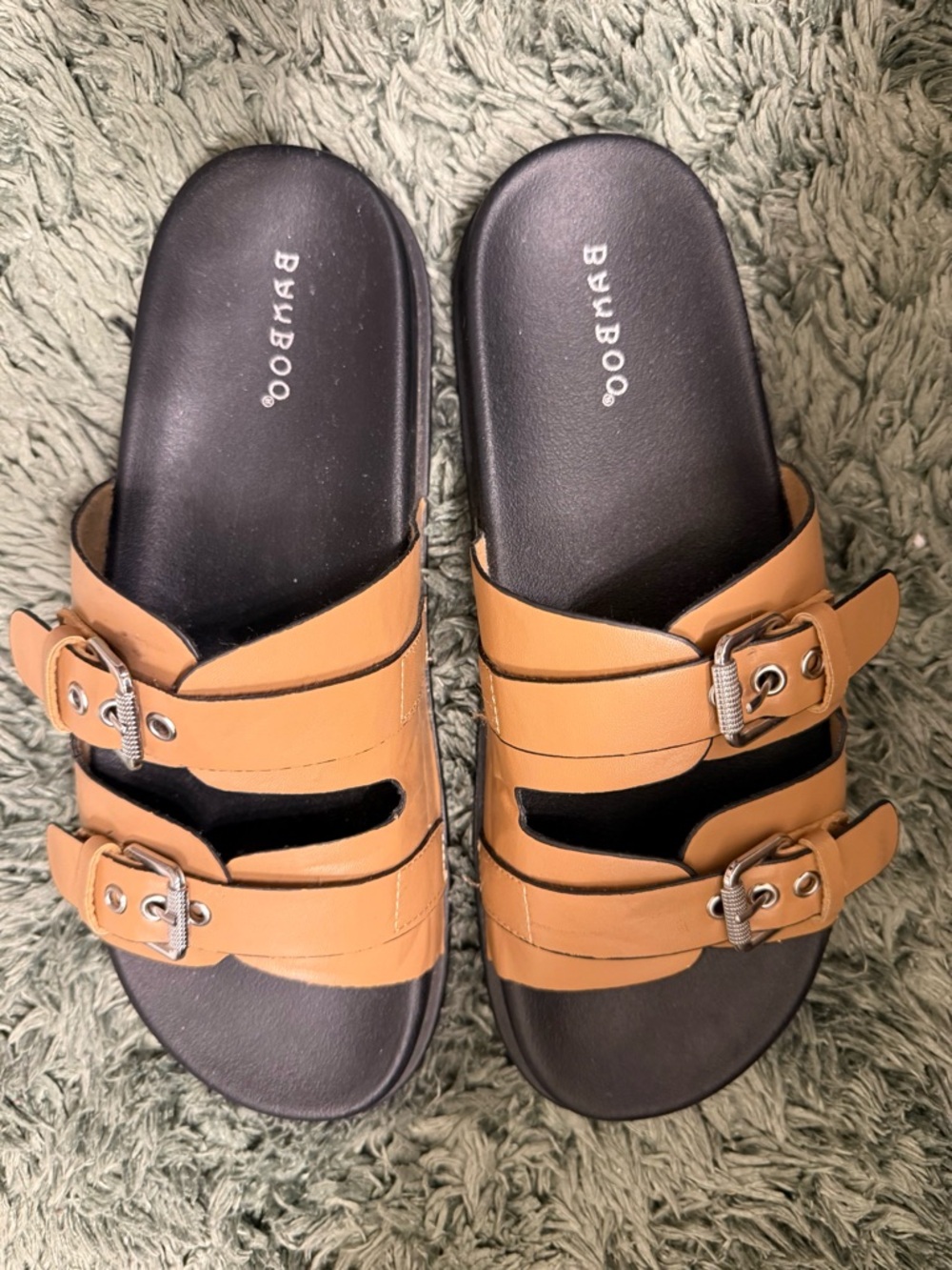 Women's Tan Double-Buckle Slide Sandals